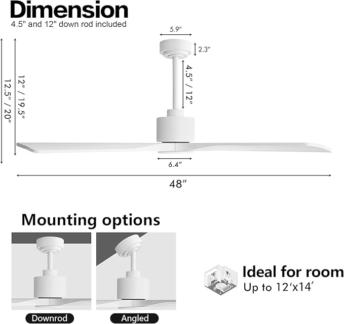 WINGBO 48" DC Ceiling Fan without Lights, 4 Carved Solid Wood Blades, 6-Speed Noiseless Reversible DC Motor, Modern Ceiling Fan No Light with Remote, Gloss White Finish with White Blades, ETL Listed