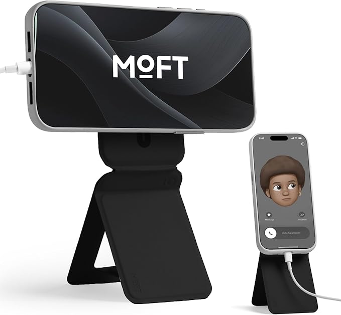 MOFT Phone Stand, Magnetic Phone Tripod Stand Stain-Resistant MOVAS Leather & Angle Adjustment & Strong Magnets Tripod for iPhone 17/16/15/14/13/12 (Included Metal Ring)-Jet Black