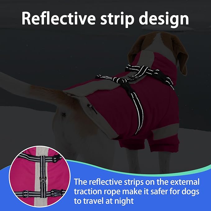 MIGOHI Warm Dog Coat Waterproof Small Dog Jacket with Harness,Reflective Fleece Snowsuit for Dogs,Windproof Puppy Coats with Legs for Cold Weather,Adjustable Pet Clothes for Puppies,Xs,Rosered
