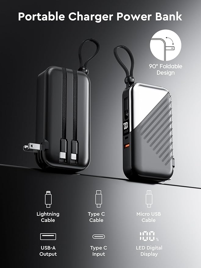 10000mAh Portable Charger Power Bank with Built-in Cable 27W Portable Charger with Wall Plug Portable Cell Phone Charger for iphone Mobile Charger Power Bank for Android Galaxy Android etc, Black