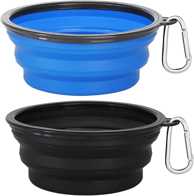 Kytely Large Collapsible Dog Bowls 2 Pack, 34oz Foldable Dog Travel Bowl, Portable Pet Water Food Bowl with Clasp, Pet Cat Feeding Cup Dish for Traveling, Walking, Hiking (Black+Blue)