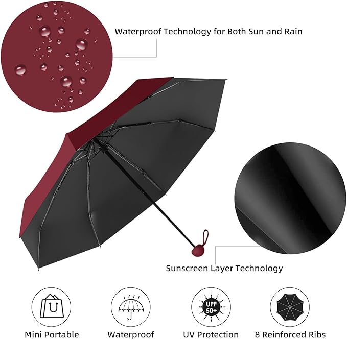 Travel Mini Compact Folding Umbrella with Case - UV Sun & Rain Protection, Lightweight Portable Pocket Umbrella for Women Men Kids, Fits Purse Backpack