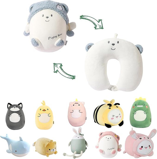 Kids Travel Pillow - 2-in-1 Deformable Kids Neck Pillow for Traveling, Soft U-Shaped Pillow with Adorable Animal Design, Comfy Sleep and Play, Ideal for Airplanes and Cars - Blue Bear