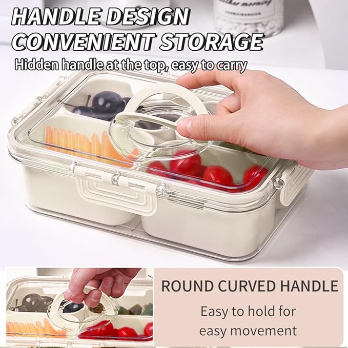 Small Snackle Box Container with Lid, 4 Compartment Travel Snack Container with Handle, Divided Serving Tray with Lid, Portable Snack Box for Candy, Fruits, Nuts, Snacks, Veggies