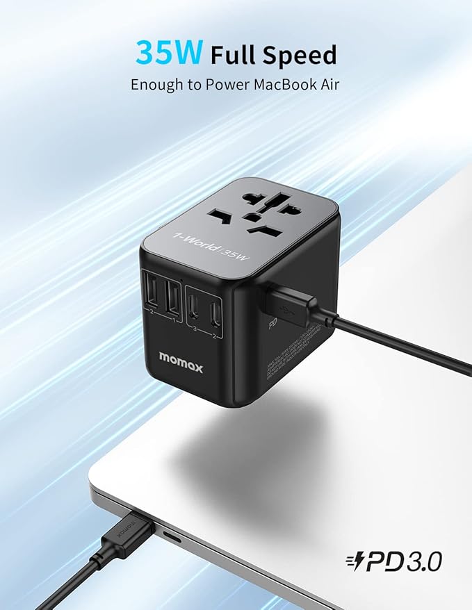 MOMAX Universal Travel Adapter, PD 35W Fast International Power Adapter, 3 USB C & 2 USB A, Worldwide Travel Plug Adapter, International Power Adapter for Europe, USA, Japan, Australia (Type C/A/G/I)