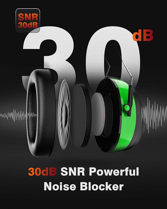 Bluetooth 5.4 Hearing Protection Headphones with 120H Working Time, 30dB SNR, Superior Stereo Sound Quality, Larger Buttons for Easy Operation, Safety Ear Muffs for Lawn Mowing, Workshops