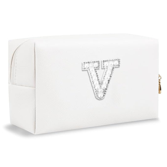 Bride Gifts – Personalized Initial Makeup Bag with Pearl Rhinestone Patch, Preppy White Monogram Cosmetic/Toiletry Pouch, bridesmaid Gifts, Bridal Shower Gifts, Wedding Gifts, Bridal Gifts,V