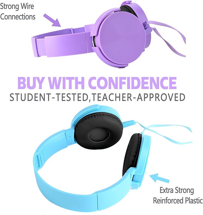 2 Pack Kids Headphones for School Classroom, Wired Computer Online Learning Headset for K-12 Students, Durable Soft Swivel On Ear Pads Earphones for Laptop PC Meetings Calls (Light blue+Purple)
