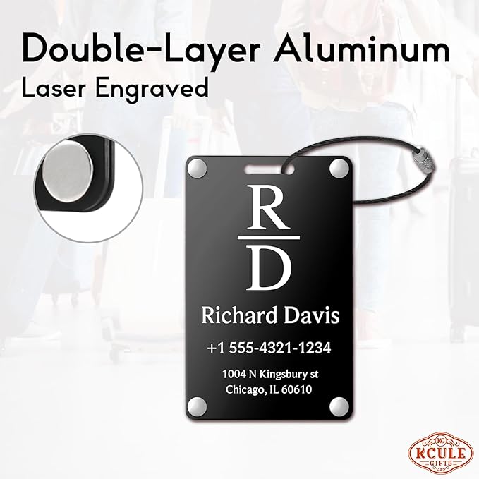 Personalized Luggage Tags for Suitcases - Monogram Style Aluminum Custom Luggage Tags for Backpacks & Bags, Sturdy, Waterproof & Heavy Duty (Black/Card-Sized)