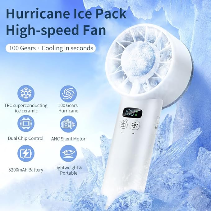 Portable Handheld Fan, Rechargeable 5200mAh Battery, Personal Mini Fan Rapid Cooling High Speed Turbo 100 Speed Adjustable, Digital Display, Travel Camping Outdoor Indoor Office, Gift for Women Men