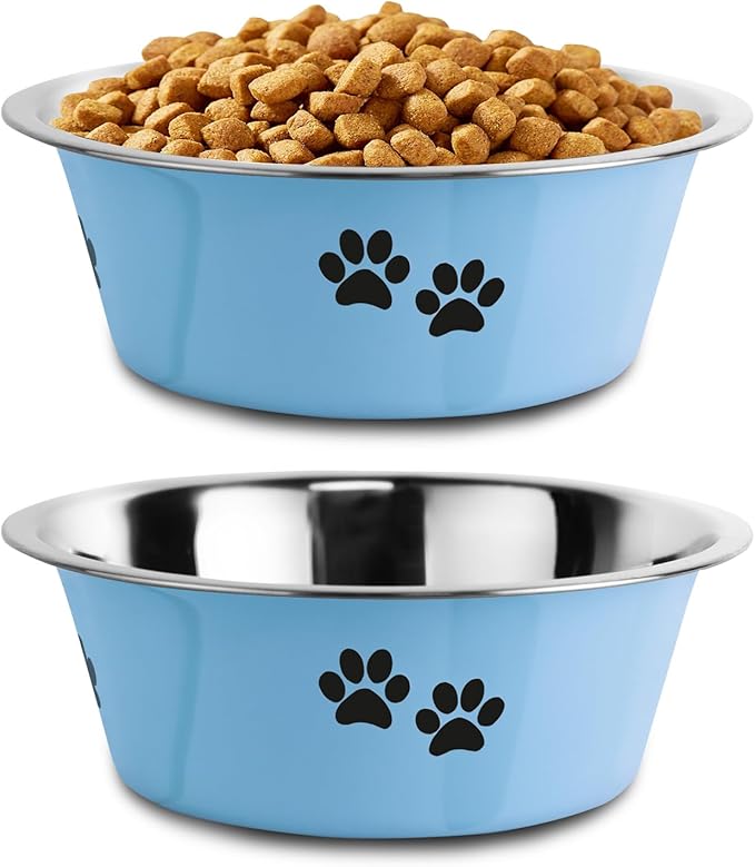 YUDANSI Dog Bowls 2 Pack Small Medium Dogs Feeding Food Water Bowl with Non-Slip Silicone Sole, Stainless Steel Dog Dishes Elevated Raised Pet Feeder (Blue, XL(8.5 Cups)