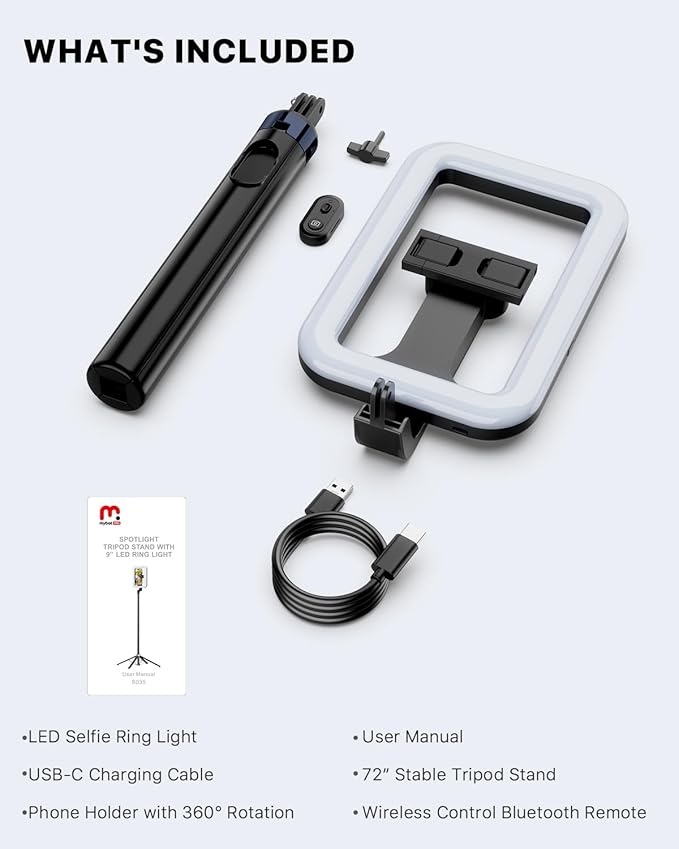 M MYBAT PRO Selfie Ring Light with 72" Tripod Stand - Extendable Selfie Stick with Light for Phone, Live Streaming, Makeup, Travel, Gaming, Video, Includes Phone Holder& USB-C Powered