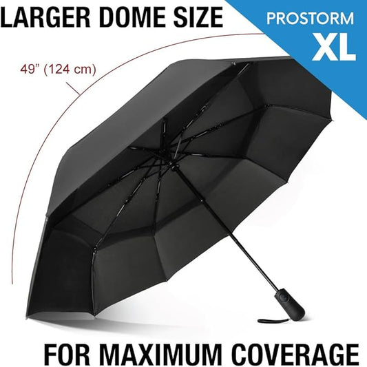 Vented Travel Umbrella | Strong Compact Windproof Umbrella | Deep Dome Coverage | Auto Open/Close | Portable Pop Up with Large Coverage | Fits Car & Backpack