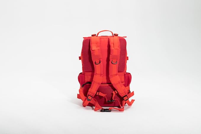 Xtreme 30L Tactical Backpack – Carry On Travel and Gym Daypack with 16 inch Laptop Sleeve, Stick Holder, Double Bottle Pockets, Recycled Fabric Shell, Rain Cover (Red)