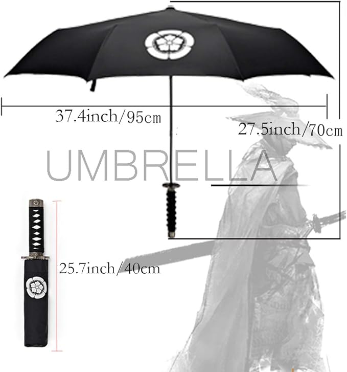 Cool Lemon Samurai Katana Master Sword Hilt Handle Folding Umbrella Anime Portable Travel Japanese Ninja Compact Umbrellas Windproof, Black Glue Anti UV, Business Birthday Gift for Men