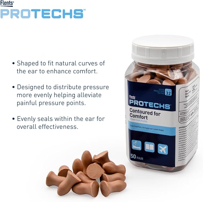 Flents Protechs Disposable Foam Ear Plugs, Contoured for Comfort, Ideal for Work, Loud Noise, Heavy Machinery, Construction, Studying, Shooting & Traveling, NRR 32, Beige, Easy to Use, 50 Pair