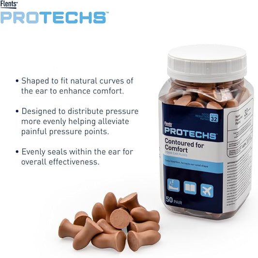 Flents Protechs Disposable Foam Ear Plugs, Contoured for Comfort, Ideal for Work, Loud Noise, Heavy Machinery, Construction, Studying, Shooting & Traveling, NRR 32, Beige, Easy to Use, 50 Pair