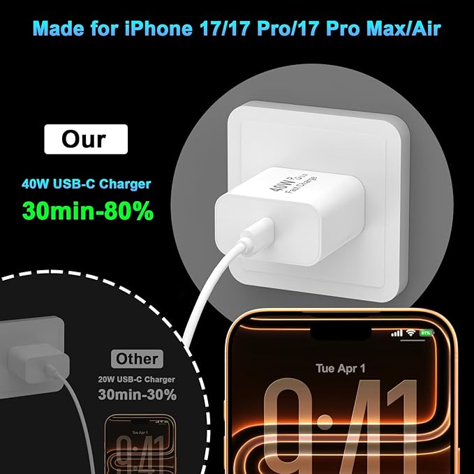 iPhone 17 16 15 Charger Fast Charging, 2 Pack 40W USB C iPhone 17 16 15 Pro Max Charger Block & 6FT Type C Charging Cable Cord for iPhone 17/Air/17 Pro/17 Pro Max/16/16 Pro/16 Pro Max/15/15 Pro Max