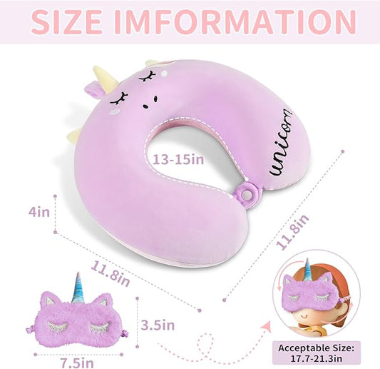 Neck Travel Pillow for Kids, Unicorn Airplane Memory Foam Pillow with Cute Sleep Mask & Earplugs, Lightweight Travelling Sleeping Pillow Set for Car, Train, Bus and Home Use (Purple)