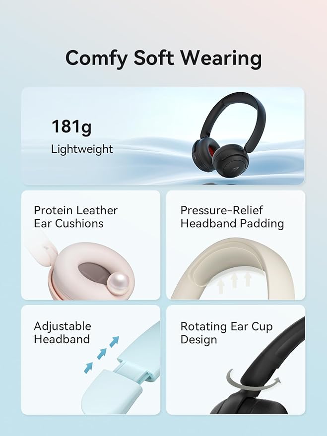 1MORE HQ20 Wireless On-Ear Headphones with Microphone, 85dB Safe Volume, 65H Playtime, Lightweight Foldable Bluetooth Headphones for School/Travel, Android and iOS Compatible, Blue