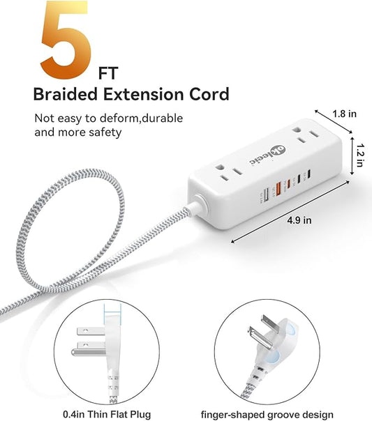 PD30W USB C Travel Power Strip,Cruise Power Strip with 5 USB(3 USB-C) Ports and 4 Outlets, Braided Extension Cord 5Ft, 30W Fast Charging Station Compatible with MacBook Laptops iPad Pro iPhone Samsung