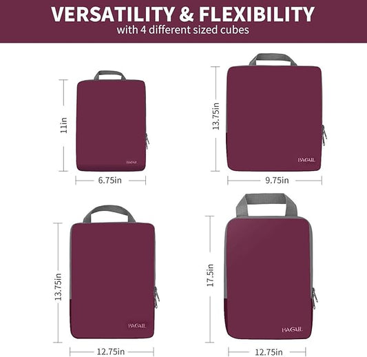 BAGAIL 4 Set/6 Set/8 Set Compression Packing Cubes Travel Accessories Expandable Packing Organizers (Cloth Pattern, 4-Burgundy)