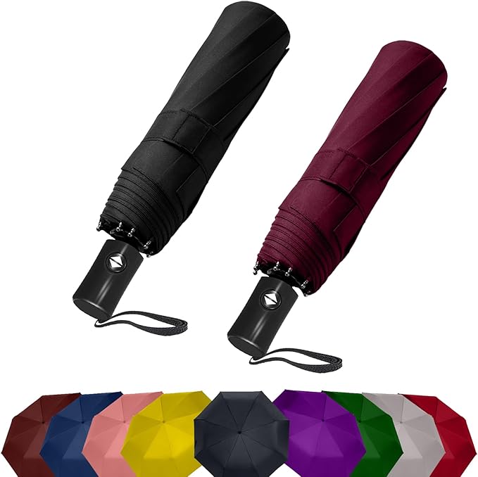 SIEPASA Two Packs Auto Open & Close Small Travel Umbrella Compact for Backpack-Umbrellas for Rain, Lightweight Strong Mini Portable Umbrellas for Men and Women. (Black & Wine Red, 2 Pack)