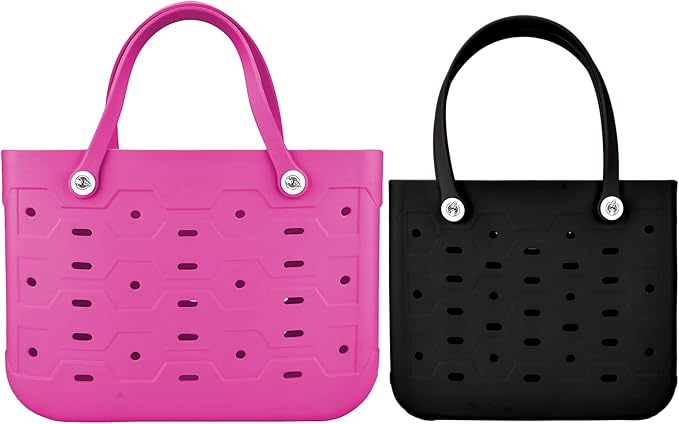 2-Piece Tote Bag Set, Waterproof Rubber Beach Bag with Summer Pattern, Medium & Large Handbag for Pool, Beach, Boat