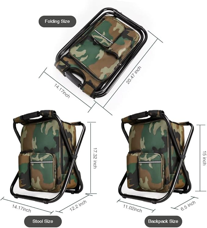 Large Size Portable Hiking Camouflage Camping Stool, 3 in1 Multifunction Fishing Backpack Chair, Folding Camping Chair Stool with Cooler Insulated Picnic Bag