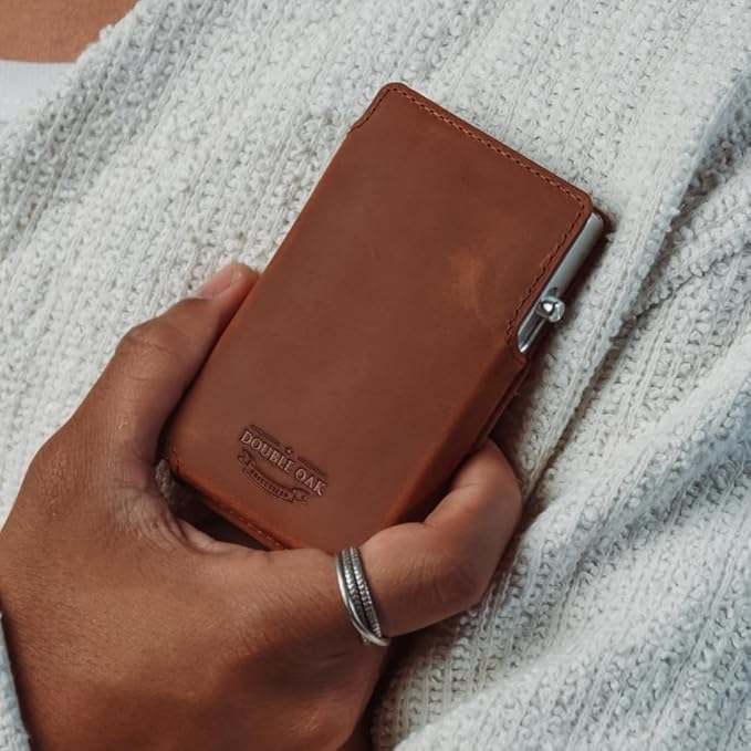 Double Oak Essentials SLIM Leather Pop-up Wallet — Removable Cardholder Design with Locking Mechanism - RFID Blocking, Top Grain Cowhide Leather (Champion's Edition)