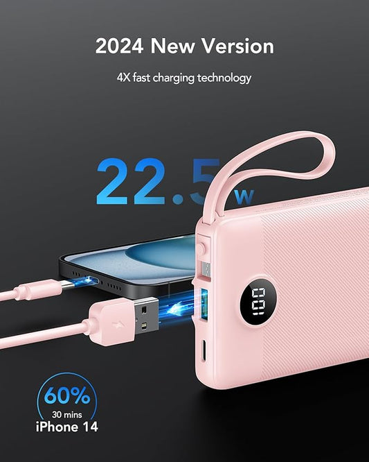 VRURC Portable Phone Charger, 20W PD Fast Charging Portable Charger for iPhone, 10000mAh Battery Bank with Cables, 4 Output 3 Input USB C Battery Pack for iPhone 16 15 14 13,Samsung Galaxy Series-Pink
