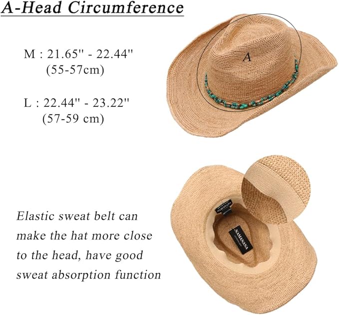 Raffia Straw Cowboy Hat,Women's Crocheted Summer Straw Hats, Classic Beach Sun Hats