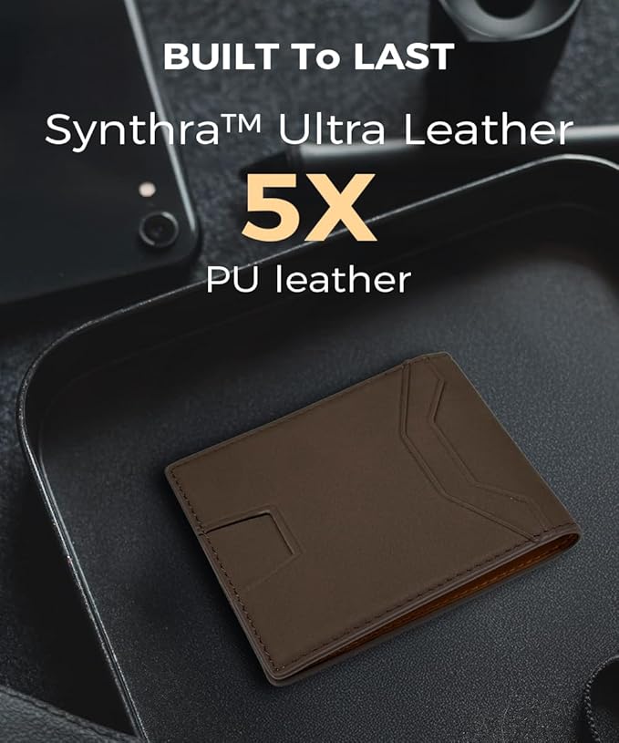 7worldlet Slim RFID Blocking Wallets for Men Synthra™ Ultra Leather Bifold Minimalist Wallet 11 Cord Holder Thin Mens Wallet with Gift Box (Brown+Light Brown)
