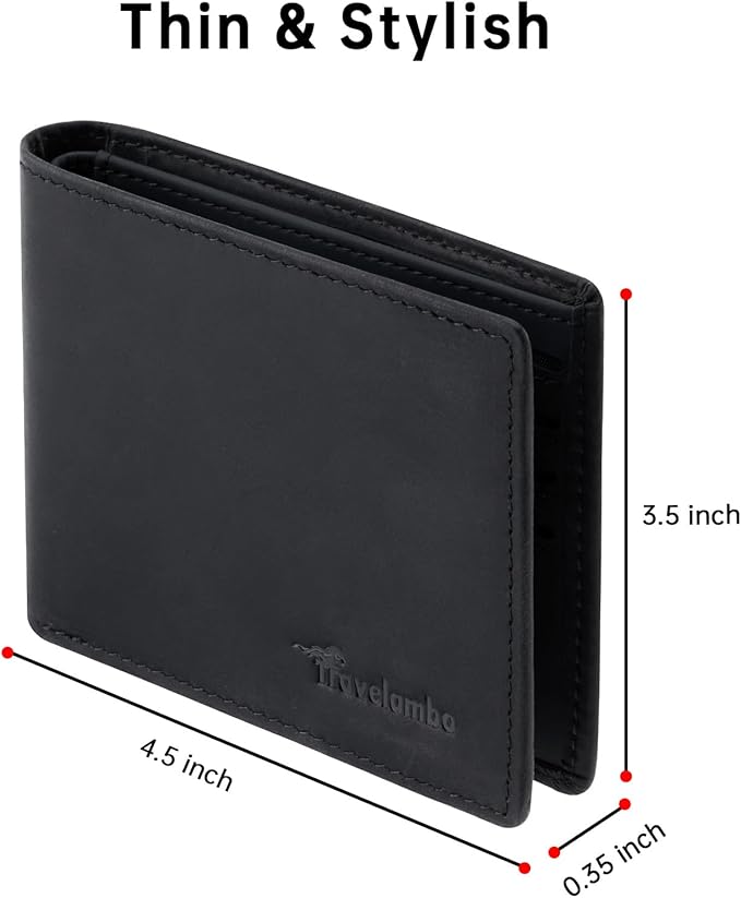 Travelambo Wallet for Men Real Leather Mens Bifold Wallet RFID Blocking - Thin & Stylish with ID Window in Gift Box (Crazy Horse, Black)