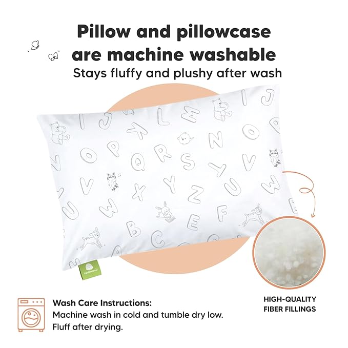 Toddler Pillow with Pillowcase - 13x18 My Little Dreamy Kids Travel Bed Pillows for Sleeping, Organic Cotton Small Pillowcase, Soft & Breathable, Machine Washable, Toddlers 2-5 years old (ABC Land)