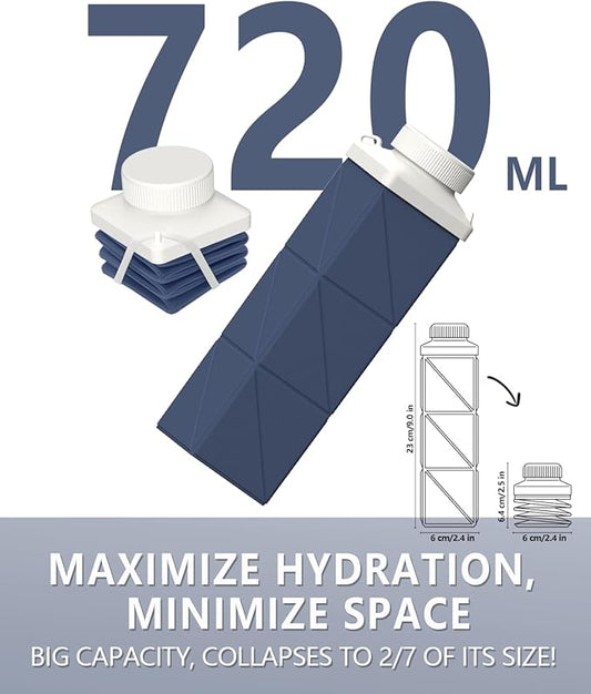 Collapsible Water Bottles 720ml 24.3oz, Foldable Portable Water Bottle, Lightweight Reusable Leakproof for Travel Camping Hiking Cycling Yoga Sports Outdoor School Office, 1 Pack, Dark Blue