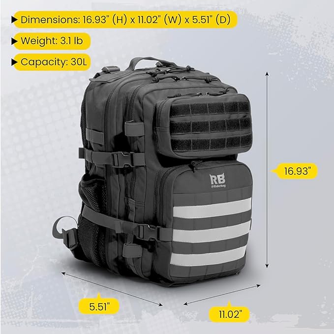 Xtreme 30L Tactical Backpack – Carry On Travel and Gym Daypack with 16 inch Laptop Sleeve, Stick Holder, Double Bottle Pockets, Recycled Fabric Shell, Rain Cover (Black)