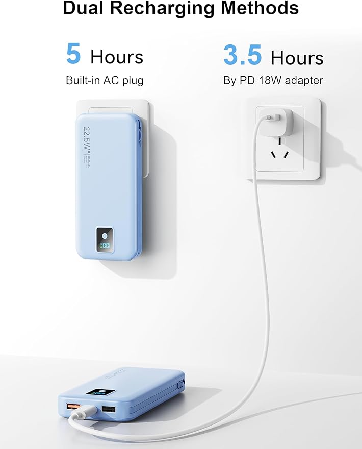 Portable Charger, 12000mAh 22.5W Fast Charging Power Bank with Built-in Cables & Wall Plug, Travel Essential Battery Pack with LED Display, USB C Battery Phone Charger for iPhone, iPad, Samsung Blue