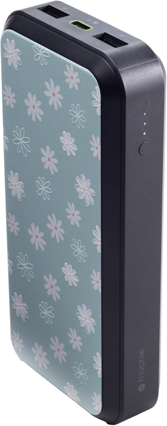 Mophie powerstation prime20 - Ultra-Compact Portable Power Bank with 20,000mAh Internal Battery, 18W USB-C PD Fast Charging, 3-Device Simultaneous Charging, Green Daisies