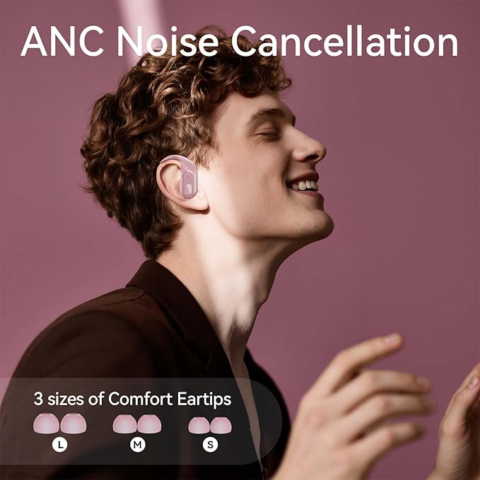 occiam Active Noise Cancelling Wireless Earbuds Bluetooth Headphones Ear Buds 96Hrs Playback Clear Call Waterproof Earphones with Ear Hook Microphones for Sport Running (Pink Standard)