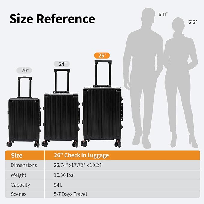 26 Inch Checked Luggage with Spinner Wheels, No Zipper Aluminum Frame Hard Shell Suitcases with TSA Lock, PC+ABS Lightweight Large Suitcase for Travel (Black)