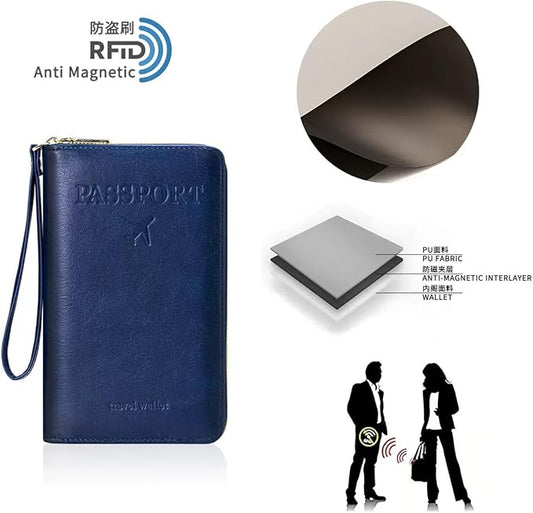 Multi-Functional RFID Passport Wallet,Travel Wallet for Men & Women,With zipper, anti-theft passport holder，Slim Leather Cover for Credit Cards, Tickets, Cash (Dark blue)
