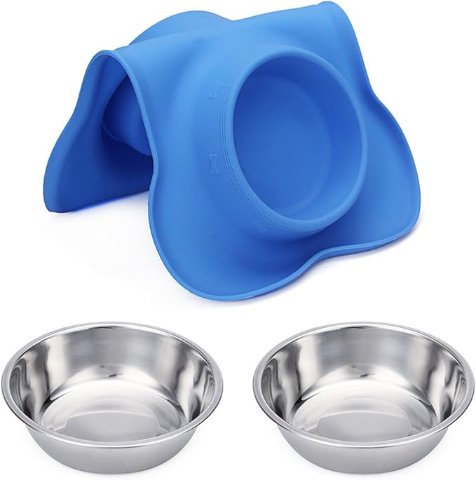 Hubulk Pet Dog Bowls 2 Stainless Steel Dog Bowl with No Spill Non-Skid Silicone Mat + Pet Food Scoop Water and Food Feeder Bowls for Feeding Small Medium Large Dogs Cats Puppies (Medium, Blue)