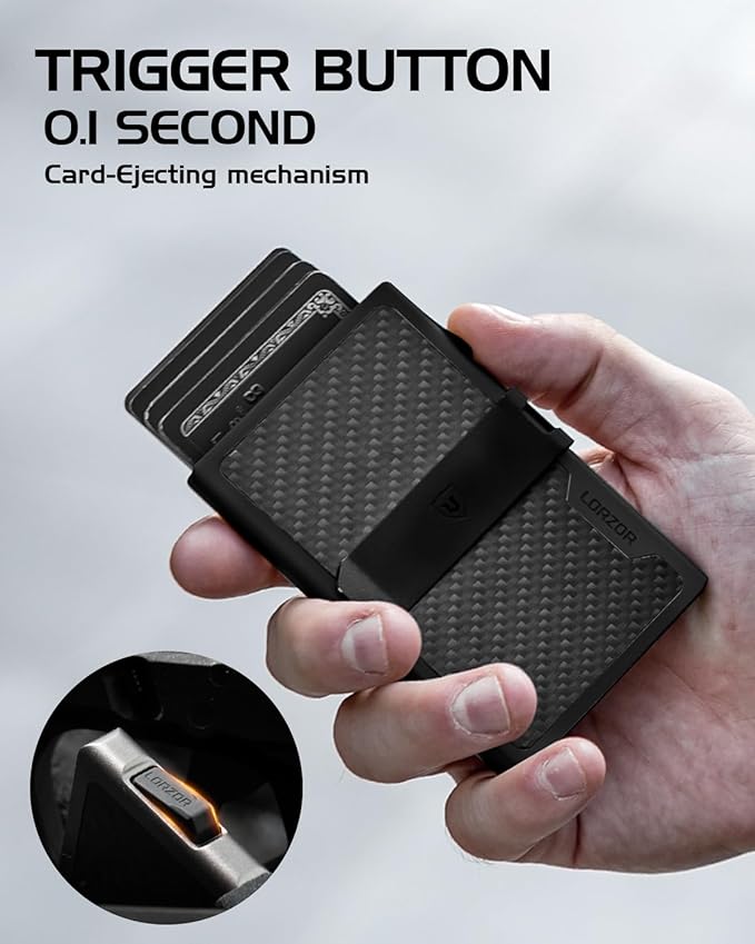LORZOR Carbon Fiber Wallet for Men, 0.3IN Ultra-slim Minimalist Card Holder with Money Clip, Trigger Button for Quick Card Access, Ultra-light Aerospace Aluminum, RFID-Blocking, Gift Box