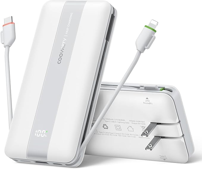 Fast Charging Power Bank, USB C Portable Charger Built-in Cables and Wall Plug, 10500mAh 22.5W 4 Outputs 3 Inputs LED Display External Battery Pack Compatible with iPhone/Android (White)