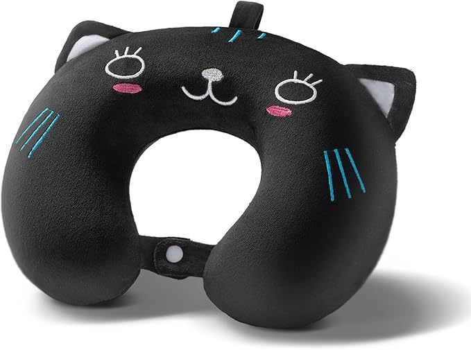 Memory Foam Kids Travel Pillow, Kids Neck Pillows for Travel Car, Cute Airplane Pillow, Washable (Black Cat, 3-5 Y/O)