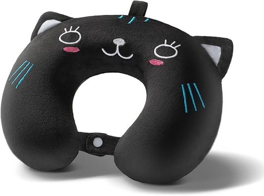 Memory Foam Kids Travel Pillow, Kids Neck Pillows for Travel Car, Cute Airplane Pillow, Washable (Black Cat, 3-5 Y/O)