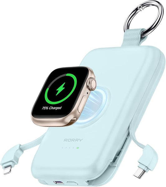RORRY Portable Charger, 10000mAh PD 20W Fast Charging Portable Charger Power Bank with Built in Cables, Travel Battery Pack for iPhone 17/16/15/14/13/12 and Apple Watch Ultra/11/10/9/8/7/6/5, Blue