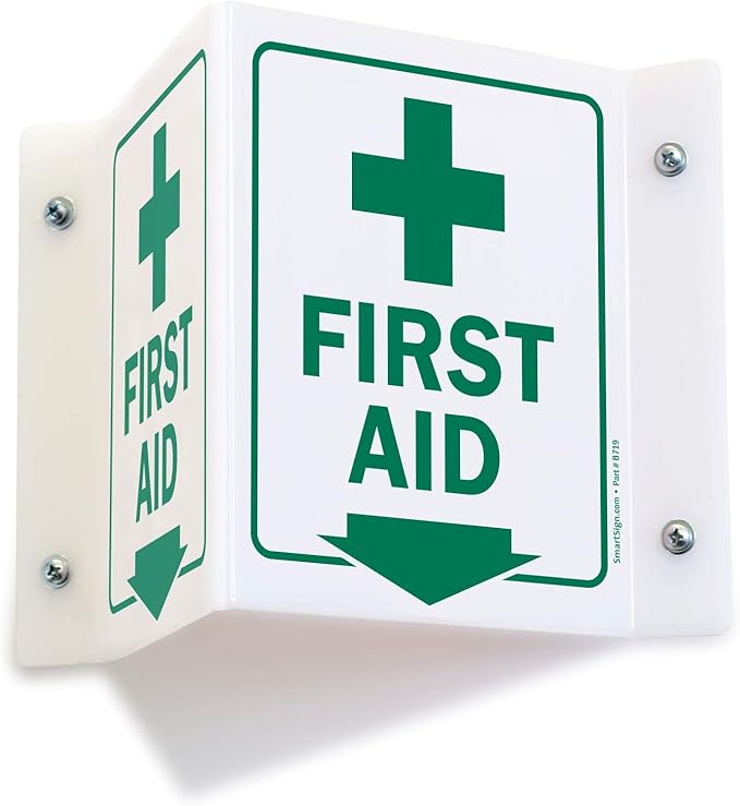 SmartSign"First Aid" Projecting Sign with Down Arrow | 5" x 6" Acrylic