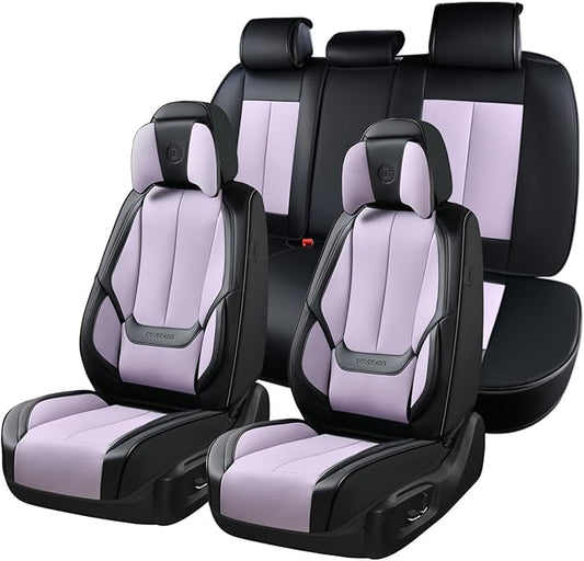 Coverado Universal Seat Covers Full Set, 5 Seats Universal Seat Covers for Cars, Waterproof Nappa Leather Car Seat Covers with Head Pillow, Auto Protectors Fit for Most SUV Pick-up Truck-Black&Purple